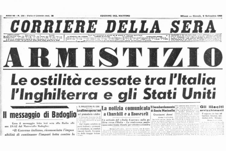 Pagina del Corriere della Sera con l'annuncio dell'armistizia