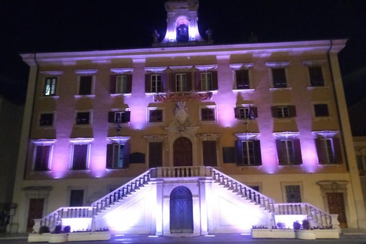 nella foto, il Palazzo Comunale illuminato di viola