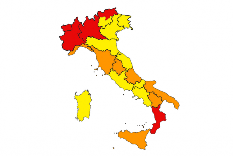 immagine della cartina dell'italia con le regioni colorate in base al livello di rischio 
